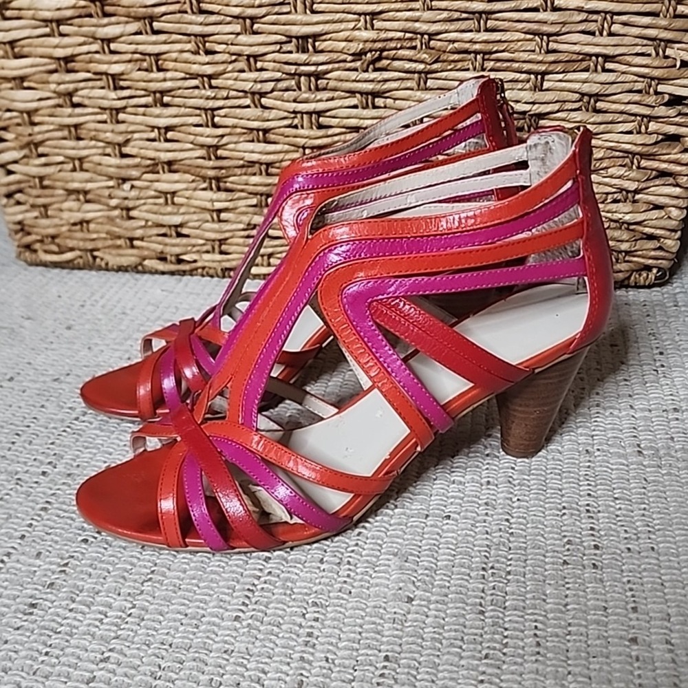 Nine West Freesia Wedge Heeled Cage Sandals Leather Cone Heel Red Pink Zip 6.5 M
